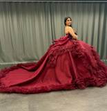 Princess Burgundy Quinceanera Dresses Beaded Appliques Tulle Sweet 16 Party Prom Ball Gown HZ1023