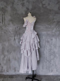 Purple A Line Spaghetti Straps Ruffles Satin Evening Dress Outfits HZ1023