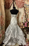 Vintage Silver Mermaid Strapless Pleated Beaded Satin Long Prom Dress Evening Dress HZ1023