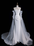 Simple A Line Long Sleeve Pleated Tulle Satin Wedding Dress Prom Dress HZ1023
