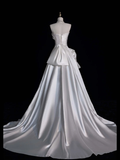 Cute Sheath Strapless Bow White Sequin Satin Long Sweep Prom Dress Graduation Prom Dress HZ1023