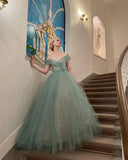 Green Princess Ball Gown Off the Shoulder Pearl Tulle Prom Dress Evening Dress HZ1023