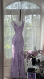 Gentle Retro Mermaid Straps Print Floral Purple Satin Prom Dress Formal Dress HZ1023