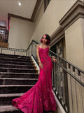 Hot Pink Mermaid Sequin Tulle Prom Dress 16th Birthday Dress Wedding Guest Dress HZ1023