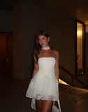 Classic White A Line Appliques Tulle Satin Mini Homecoming Dress Cocktail Dress HZ1023
