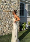Simple Sheath Straps Ivory Satin Open Back Long Prom Dress Evening Dress HZ1023