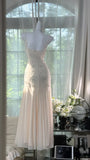 Ivory Mermaid Spaghetti Straps Rhinestone Chiffon Prom Dress Formal Dress Party Dress HZ1023
