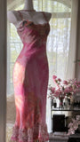 Pink Print Floral Sheath Spaghetti Straps Lace Chiffon Prom Dress Evening Dress HZ1023
