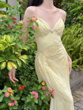 Elegant Mermaid Spaghetti Straps Yellow Chiffon Long Prom Dresses Evening Dress HZ1023