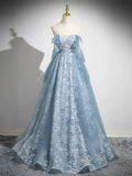 A Line Sweetheart Neck Blue Tulle Lace Long Prom Dress Evening Dress HZ1023