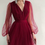 Charming Puffy Long Sleeve Burgundy Tea Length Long Prom Dress/Evening Gown HZ1023