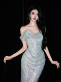 Shiny Mermaid Off the Shoulder Silver Sequin Long Evening Dress Ball Gown HZ1023