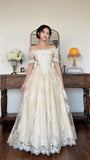 Vintage Ivory A Line Off the Shoulder Lace Satin Tulle Prom Dress Wedding Dress HZ1023