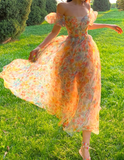 Unique Print Floral A Line Off the Shoulder Chiffon Long Prom Dress Party Dress HZ1023