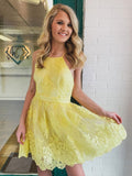 Yellow tulle lace short prom dress, yellow homecoming dress HZ1023