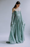 Muted Green A Line Long Sleeve Chiffon Prom Dress Party Dress HZ1023