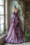 Gentle A Line Sweetheart Neck Appliques Purple Chiffon Prom Dress Graduation Prom Dress HZ1023