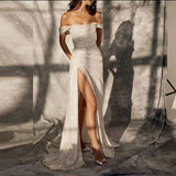 Shiny A Line Off the Shoulder Silver Sequin Long Prom Dress Evening Dress with Slit HZ1023