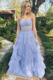 Lavender Tulle Sequin Tiered Ruffles Long Prom Dress Elegant Evening Dress Princess Ball Gown HZ1023