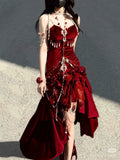 Burgundy Exquisite Mermaid Spaghetti Strap Beaded Velvet Long Party Dress Cocktail Dress HZ1023