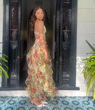 Stunning Print Floral A Line Straps Ruffle Chiffon Prom Dress Party Dress HZ1023