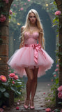 Pink Bow A Line Sweetheart Neck Lace Tulle Homecoming Dress Birthday Dress HZ1023