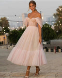 Light Pink A Line Off-the-shoulder Tulle Tea-Length Homecoming Dress HZ1023