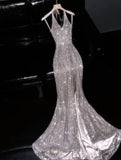 Silver Sequin Mermaid Halter Satin Backless Prom Dress Evening Dress with Slit HZ1023