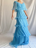 Blue Layered Chiffon A Line V Neck Simple Long Party Dress Evening Dress 18 Birthday Dress HZ1023