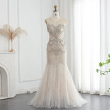 Luxury Mermaid Crystal Pearls Nude Tulle Long Prom Dress HZ1023