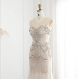 Luxury Mermaid Crystal Pearls Nude Tulle Long Prom Dress HZ1023