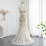 Luxury Mermaid Crystal Pearls Nude Tulle Long Prom Dress HZ1023