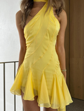 Cute A Line Halter Ruffle Yellow Chiffon Short Homecoming Dress Outfits HZ1023