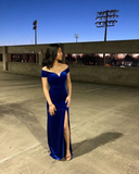 Royal Blue Off The Shoulder Slit Velvet Mermaid Prom Dress HZ1023