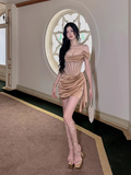 Sexy Sheath Off the Shoulder Corset Brown Satin Homecoming Dress Cocktail Dress HZ1023