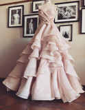 Gentle A Line Sweetheart Neck Flower Tiered Pink Tulle Long Party Dress Evening Dress HZ1023
