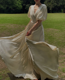 Simple A Line Puff V Neck Satin Long Prom Dress Birthday Dress Outfits HZ1023