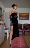 Mermaid Strapless Long Black Velvet Prom Dress Birthday Outfits HZ1023