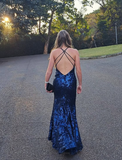 Charming Mermaid V Neck Navy Blue Sequins Satin Long Prom Dress Evening Dress with Slit HZ1023