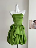 Simple A Line Strapless Pleated Green Satin Short Homecoming Dress Cocktail Dress HZ1023