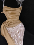 Khaki Mermaid Strapless Sequin Satin Long Prom Dress Evening Dress HZ1023