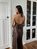 Simple A Line Halter Brown Satin Open Back Evening Dress Party Dress HZ1023
