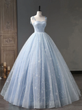 Star and Moon Fantasy Tulle A-Line Long Evening Dress, Blue Formal Sweet 16 Prom Dress Quinceanera Dress HZ1023
