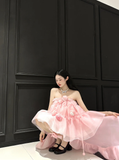 Cute A Line Strapless Floral Pink Organza Long Sweep Prom Dress Party Dress HZ1023
