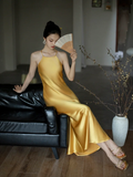 Simple Yellow A Line Spaghetti Strap Satin Open Back Prom Dress Evening Dress HZ1023