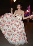 Princess A Line Spaghetti Strap Print Floral Satin Prom Dress 16th Birthday Dress HZ1023