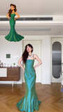 Vintage Green Mermaid Spaghetti Strap Satin Prom Dress Wedding Guest Dress HZ1023
