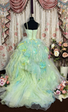 Green Ombre Ball Gown Spaghetti Strap Floral Tulle Long Prom Dress Evening Dress HZ1023