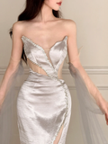 Gorgeous Mermaid Strapless Beaded Silver Satin Tulle Long Evening Dress Ball Gown HZ1023
