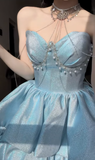 Dreamy Blue Ball Gown Sweetheart Neck Layered Sequin Prom Dress HZ1023